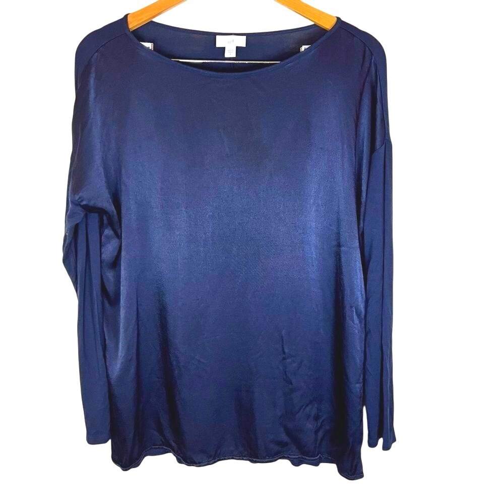 J.Jill Satin Front Flowy Navy Blue Tunic Bateau Neckline Size Medium Career Work